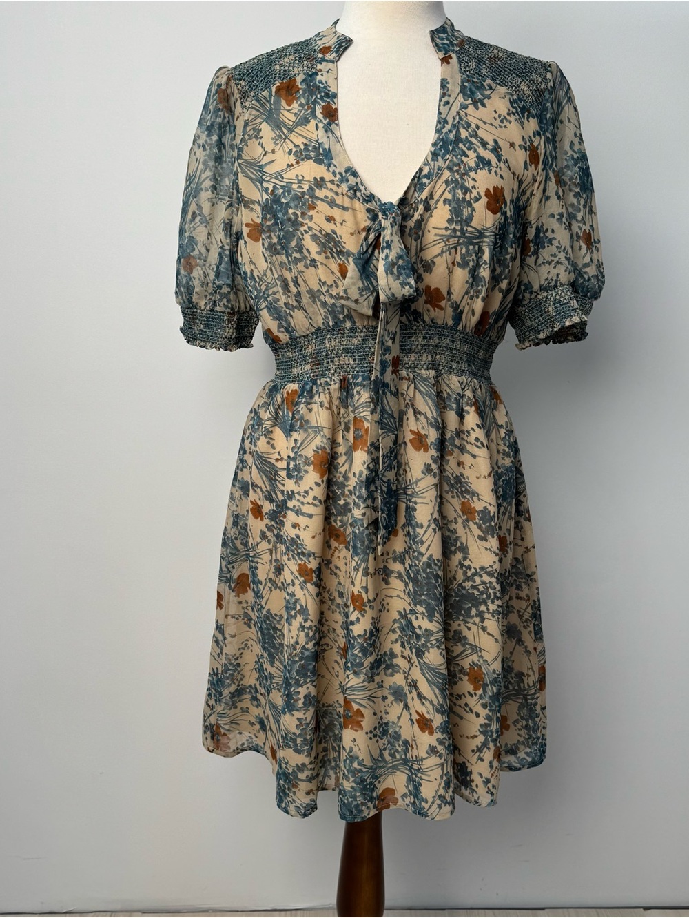 Darling Floral Tie-Neck Smocked Waist Dress in Beige and Teal
